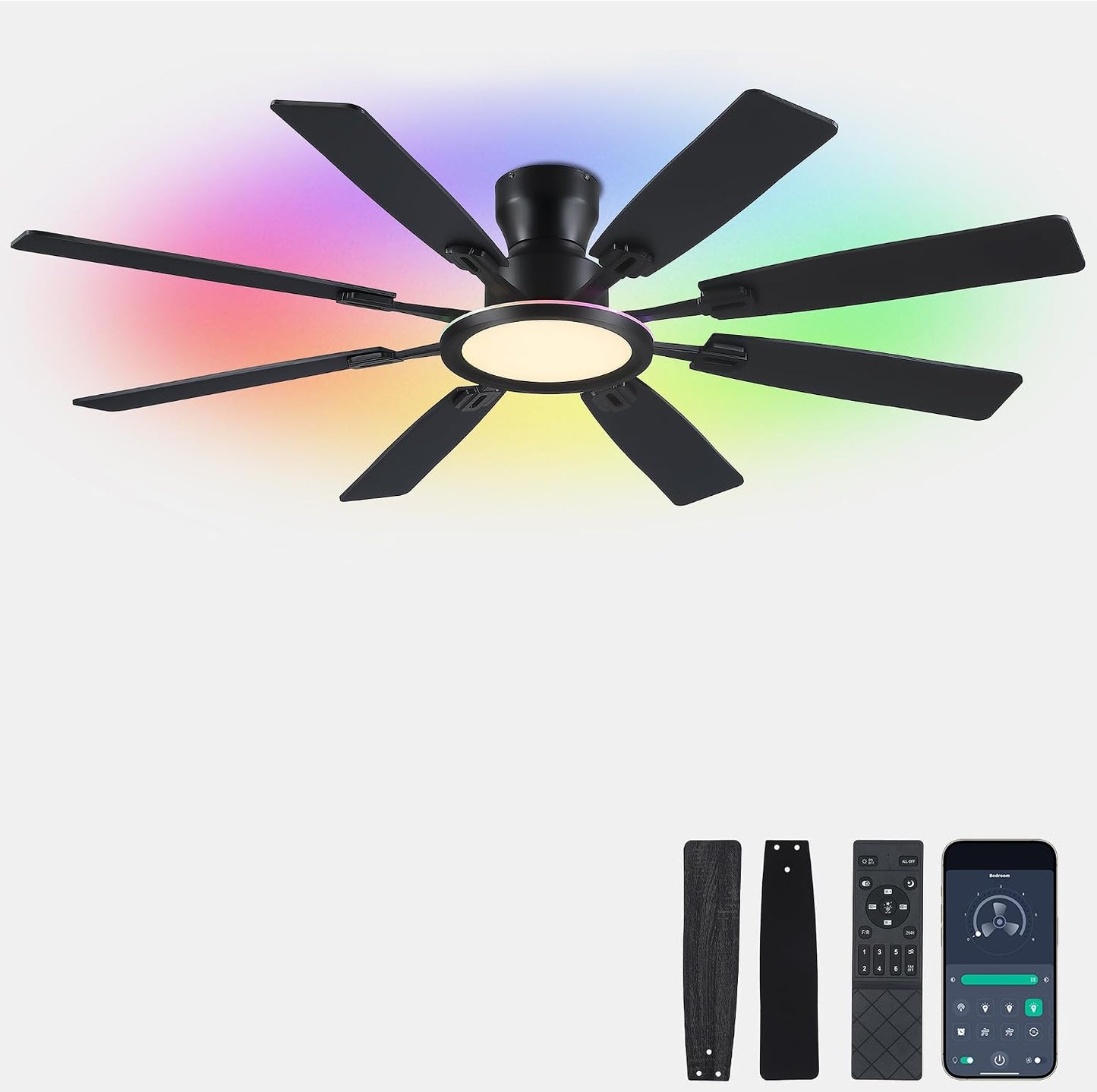 JSAITEE 60Inch Ceiling Fan with Lights Low Profile Flush Mount Brown RGB