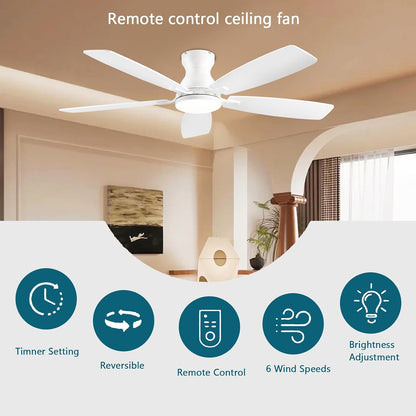 JSAITEE Ceiling Fans with Lights, 52 Inch Low Profile Ceiling Fan with Light and Remote Control, Flush Mount, DC Reversible Motor, Noiseless, White 6 Speeds Ceiling Fan for BedroomJL-66-Brown JL-66-nickle JL-66-white JL-66-black