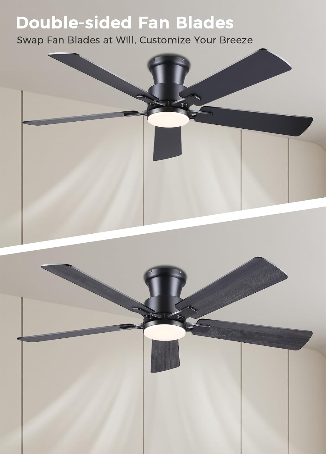 JSAITEE 52Inch Flush Mount Ceiling Fan with Lights Low Profile Brown