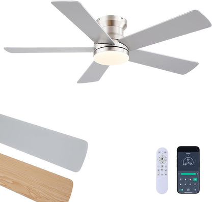 48In Ceiling Fan with Light Flush Mount - White Low Profile Ceiling Fan Light with Remote/APP, 5 Reversible Dual-Sided Blades, Modern Fan Light for Indoor Bedroom, Covered Outdoor