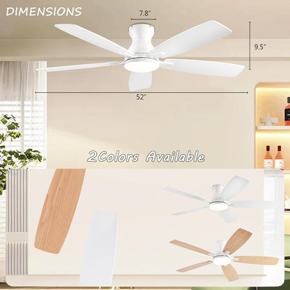 JSAITEE Ceiling Fans with Lights, 52 Inch Low Profile Ceiling Fan with Light and Remote Control, Flush Mount, DC Reversible Motor, Noiseless, White 6 Speeds Ceiling Fan for BedroomJL-66-Brown JL-66-nickle JL-66-white JL-66-black