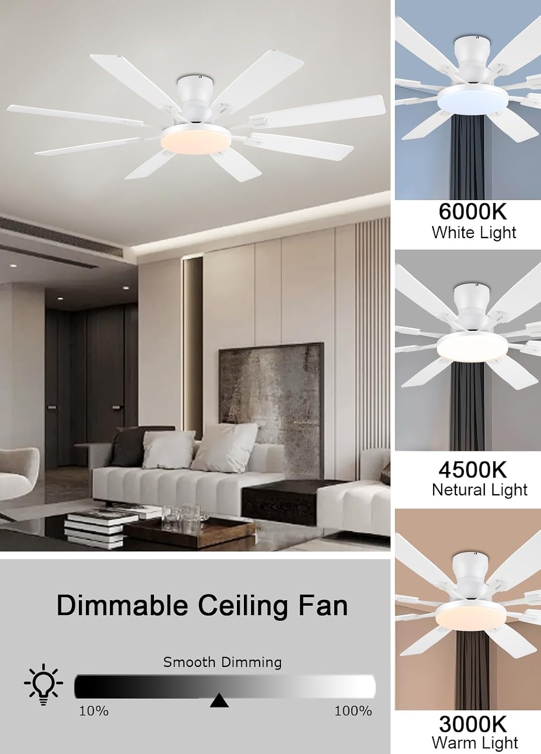 JSAITEE 60Inch Ceiling Fan with Lights Low Profile Flush Mount Brown RGB