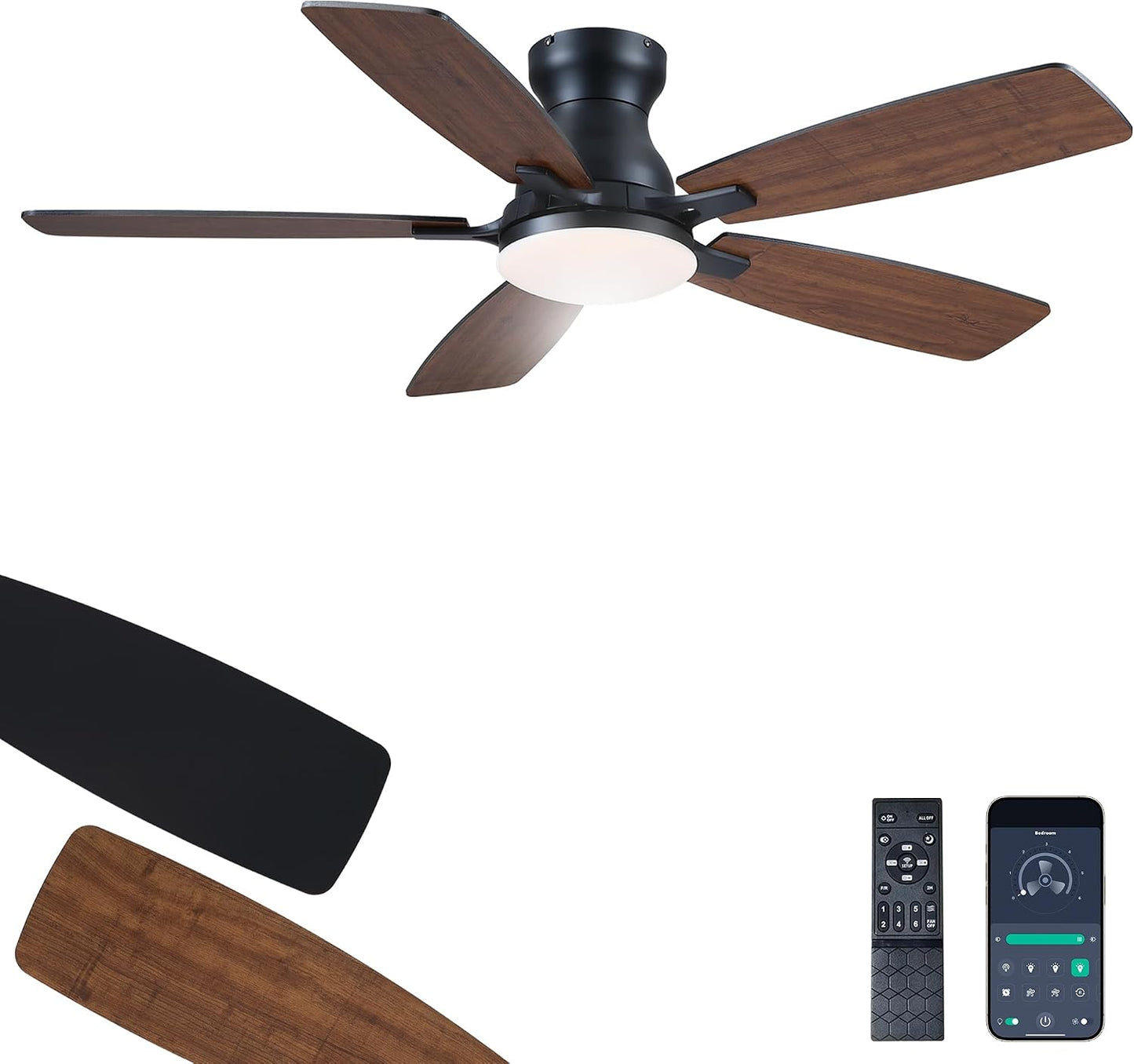 JSAITEE 46 Inch Low Profile Flush Mount Ceiling Fan with Lights, Black Brown WhiteJL-66-42-Brown JL-66-42-black JL-66-42-white