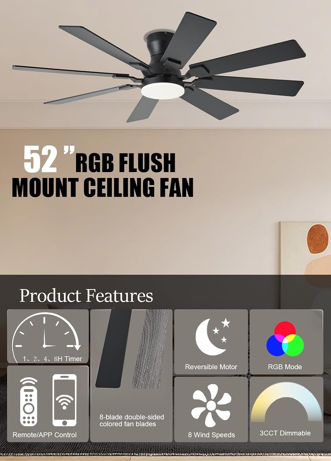 JSAITEE 52 inch Ceiling Fan with Light, 6 Speeds Reversible Low Profile Ceiling Fan with Light and Remote/APP Control, 3 Color Temp+Dimmable RGB, 8 Blades, Flush Mount Quiet Ceiling Fans, Black JL99-Black