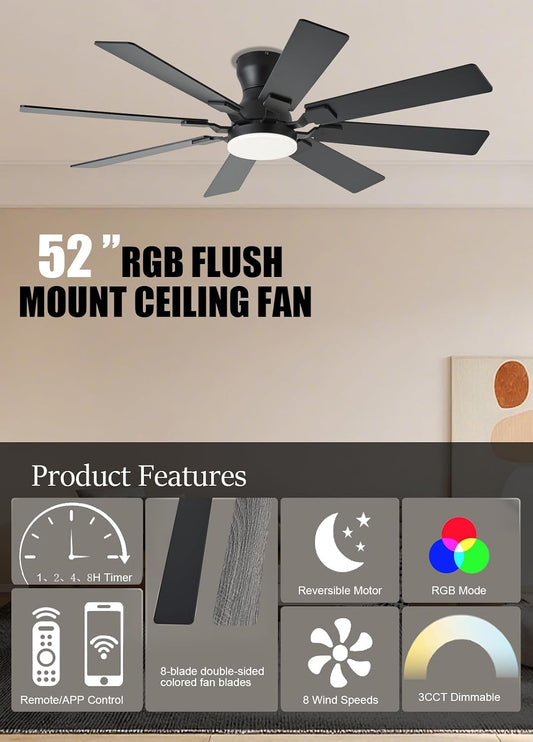JSAITEE 52 inch Ceiling Fan with Light, 6 Speeds Reversible Low Profile Ceiling Fan with Light and Remote/APP Control, 3 Color Temp+Dimmable RGB, 8 Blades, Flush Mount Quiet Ceiling Fans, Black JL99-Black