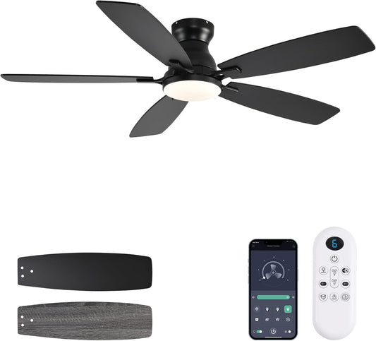 JSAITEE Ceiling Fans with Lights, 52 Inch Low Profile Ceiling Fan with Light and Remote Control, Flush Mount, DC Reversible Motor, Noiseless, White 6 Speeds Ceiling Fan for BedroomJL-66-Brown JL-66-nickle JL-66-white JL-66-black