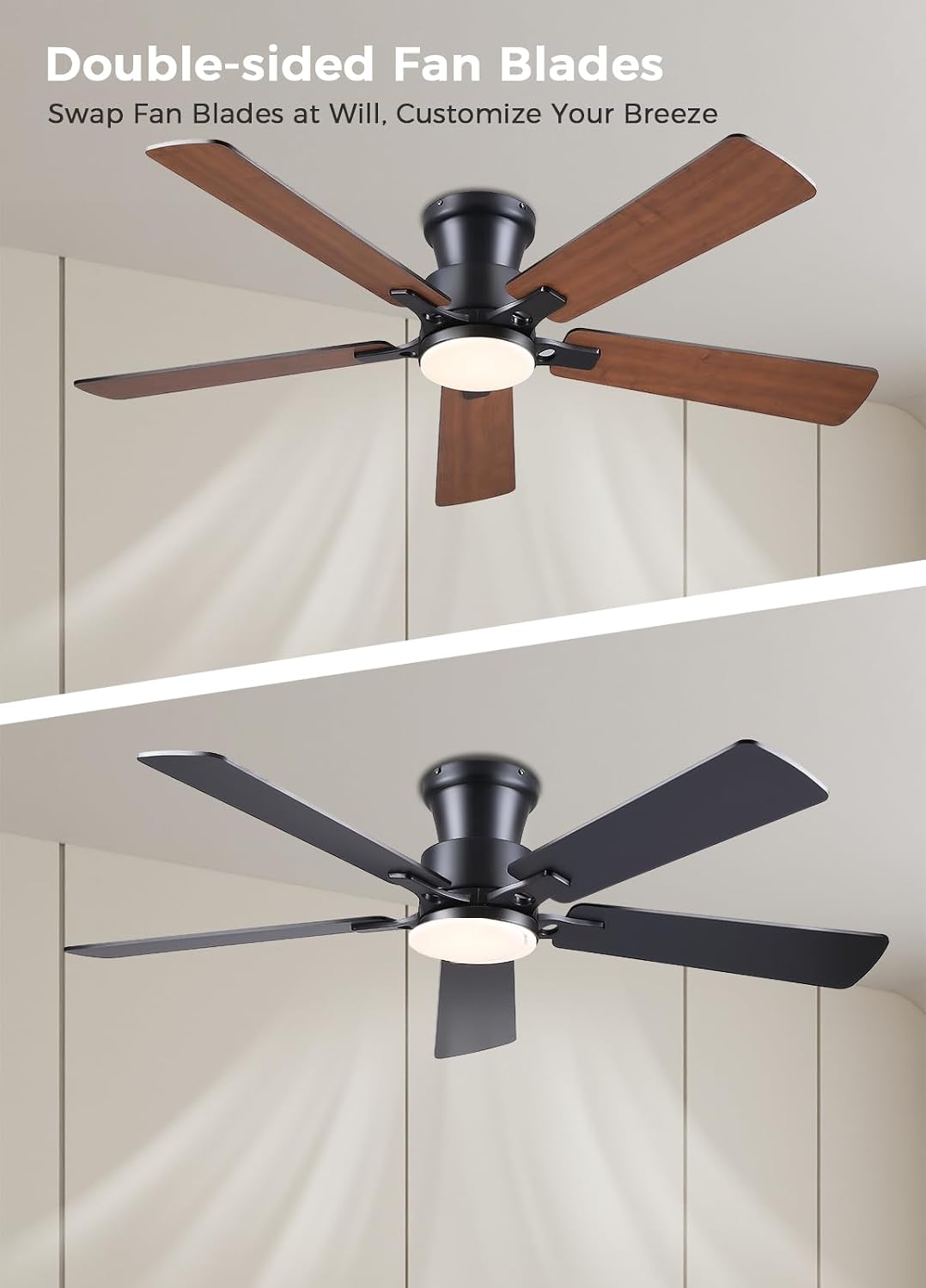JSAITEE 52Inch Flush Mount Ceiling Fan with Lights Low Profile Brown