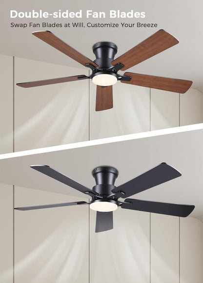 JSAITEE 52Inch Flush Mount Ceiling Fan with Lights Low Profile Brown