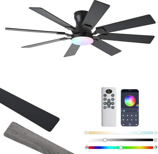 JSAITEE 52 inch Ceiling Fan with Light, 6 Speeds Reversible Low Profile Ceiling Fan with Light and Remote/APP Control, 3 Color Temp+Dimmable RGB, 8 Blades, Flush Mount Quiet Ceiling Fans, Black JL99-Black