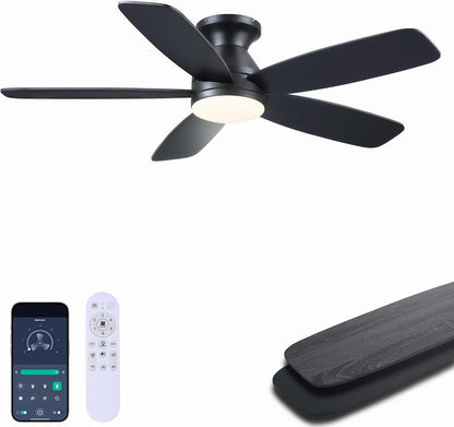 SAITEE 48" Ceiling Fans with Lights Low Profile - Flush Mount Ceiling Fan with Light and Remote, 6 Wind Speeds Reversible, Quiet, 3CCT Dimmable, Fan Light for Modern Indoor, Bedroom, Kitchen,JL68-48-Black JL068-48-white JL68-48-Brwon JL68-48-Nickle