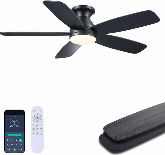 SAITEE 48" Ceiling Fans with Lights Low Profile - Flush Mount Ceiling Fan with Light and Remote, 6 Wind Speeds Reversible, Quiet, 3CCT Dimmable, Fan Light for Modern Indoor, Bedroom, Kitchen,JL68-48-Black JL068-48-white JL68-48-Brwon JL68-48-Nickle