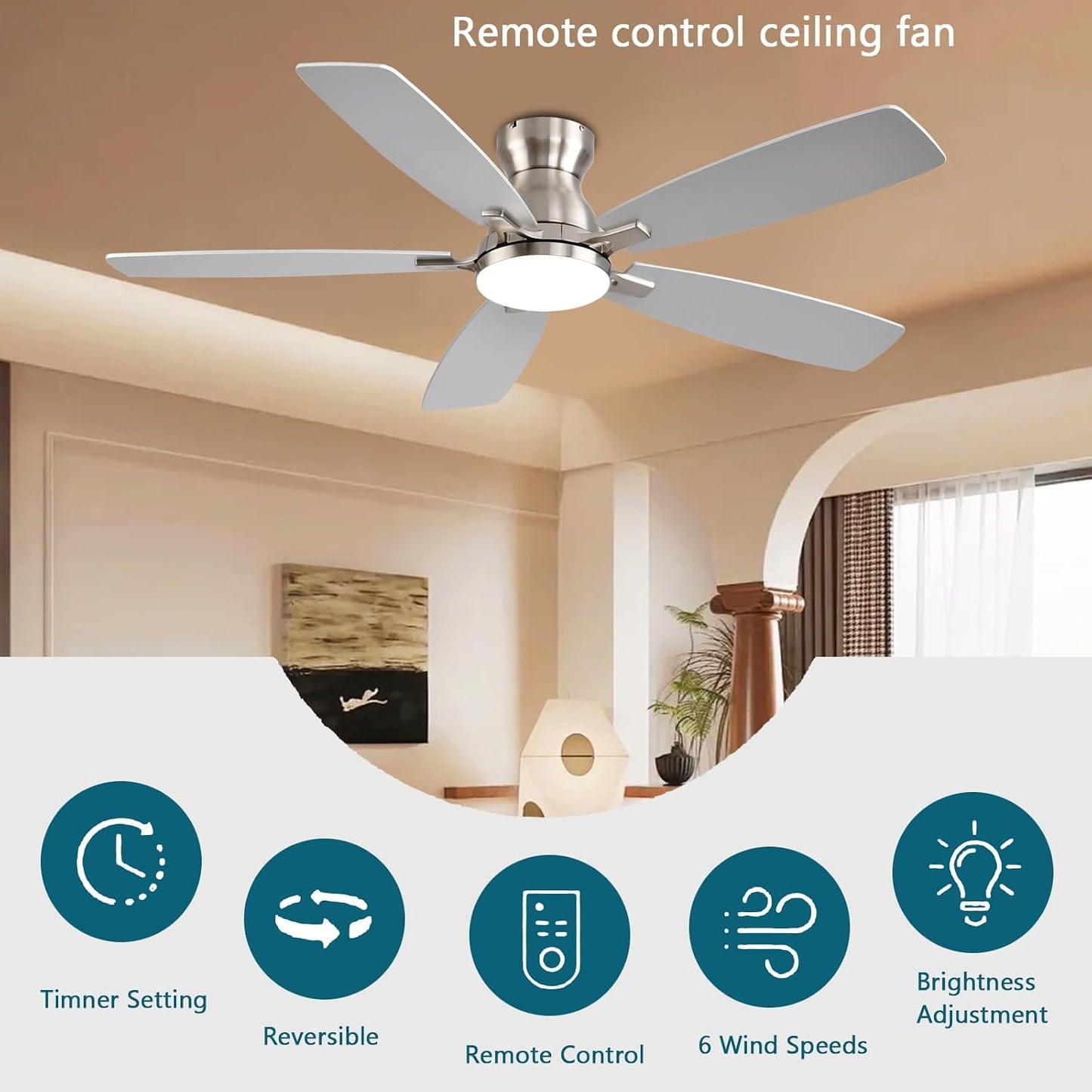 JSAITEE Ceiling Fans with Lights, 52 Inch Low Profile Ceiling Fan with Light and Remote Control, Flush Mount, DC Reversible Motor, Noiseless, White 6 Speeds Ceiling Fan for BedroomJL-66-Brown JL-66-nickle JL-66-white JL-66-black