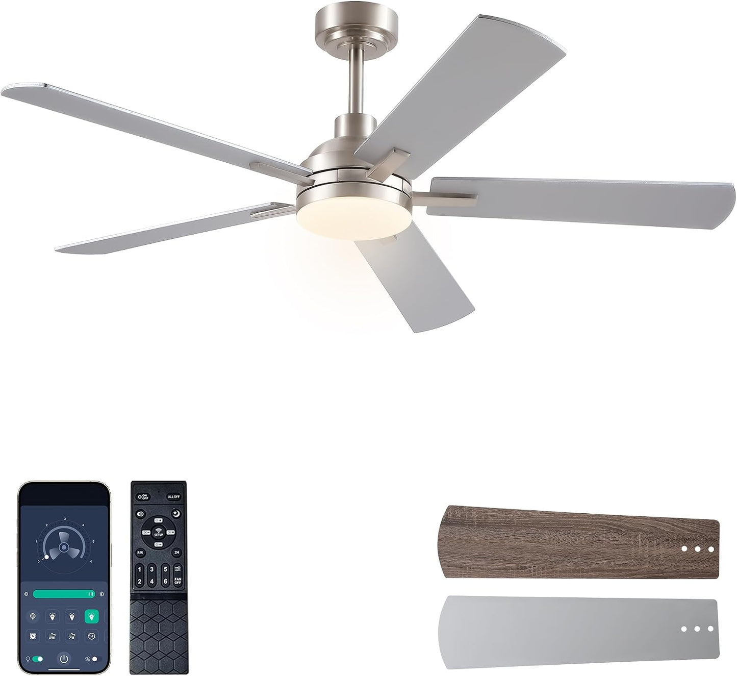 JSAITEE Ceiling Fans with Lights - 52Inch Low Profile Flush Mount Ceiling Fan with Light and Remote Control, DC Reversible Motor, Dimmable, 6 Speeds Ceiling Fan for Bedroom, Kitchen, JL-53-Black JL-53-White JL-053-Brwon JL-53-Nickel