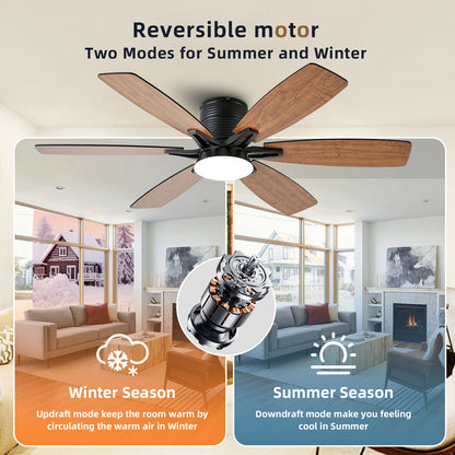 52inch  Ceiling Fans with Lights and Remote/App Control, Low Profile Ceiling Fan with Light and 6 Double-Side blades, Flush Mount, LED/RGB Dimmable DC Reversible Modern Ceiling Fan for Bedroom