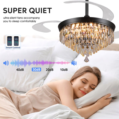 48" Chandelier Ceiling Fan with Lights, Crystal Retractable Fandelier with 3 Color LED Dimmable, Reversible DC Motor, Modern for Bedroom, Living Room (Black
