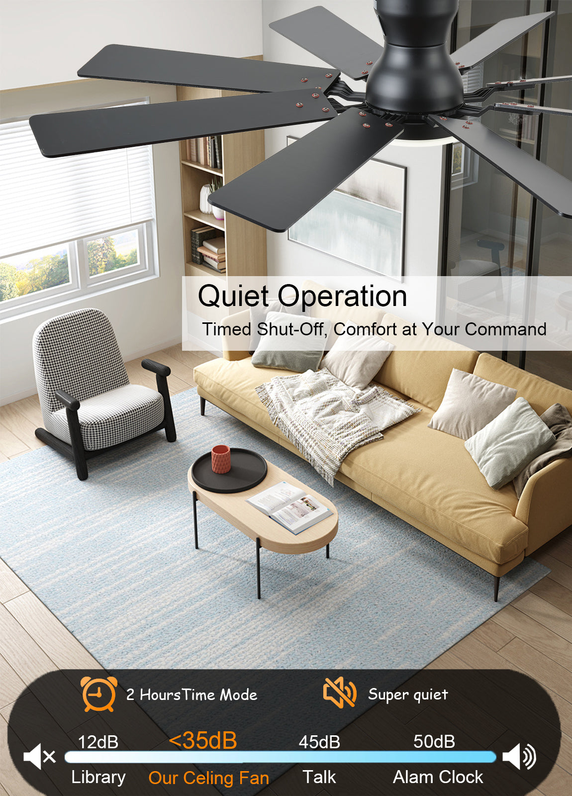 52 inch Ceiling Fan with Light, 6 Speeds Reversible Low Profile Ceiling Fan with Light and Remote/APP Control, 3 Color Temp+Dimmable RGB, 8 Blades, Flush Mount Quiet Ceiling Fans, Black