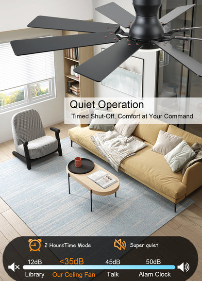 52 inch Ceiling Fan with Light, 6 Speeds Reversible Low Profile Ceiling Fan with Light and Remote/APP Control, 3 Color Temp+Dimmable RGB, 8 Blades, Flush Mount Quiet Ceiling Fans, Black