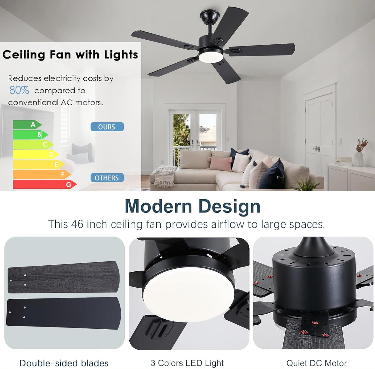 46inch Modern Ceiling Fans with Lights APP/Remote Control, Black Reversible 6 Speeds DC Motor, Noiseless, Dimmable 3CCT LED, Memory Function, 5 Dual Finish Blades for Bedroom Living Room