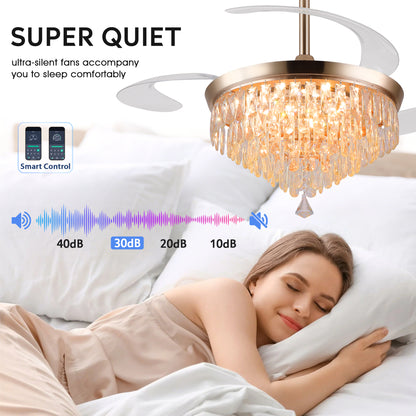 48" Chandelier Ceiling Fan with Lights, Crystal Retractable Fandelier with 3 Color LED Dimmable, Reversible DC Motor, Modern for Bedroom, Living Room5555-BLACK 5555-GOLD 5555-NICKEL