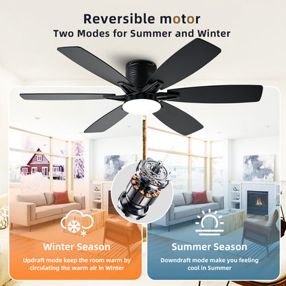 52inch  Ceiling Fans with Lights and Remote/App Control, Low Profile Ceiling Fan with Light and 6 Double-Side blades, Flush Mount, LED/RGB Dimmable DC Reversible Modern Ceiling Fan for Bedroom