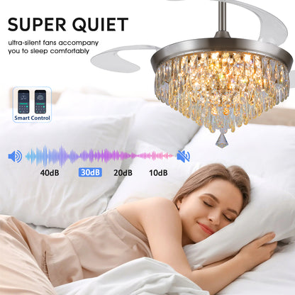 48" Chandelier Ceiling Fan with Lights, Crystal Retractable Fandelier with 3 Color LED Dimmable, Reversible DC Motor, Modern for Bedroom, Living Room (Black