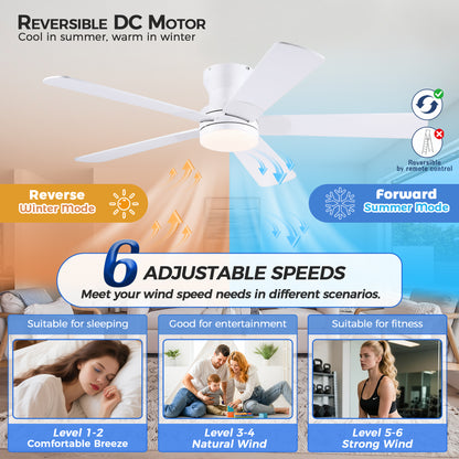 52inch Black Ceiling Fan with Light and Remote- Flush Mount Fan Light with 5 Reversible Blades, 3CCT Dimmable, DC, Low Profile Ceiling Fan for Indoor, Outdoor, Summer