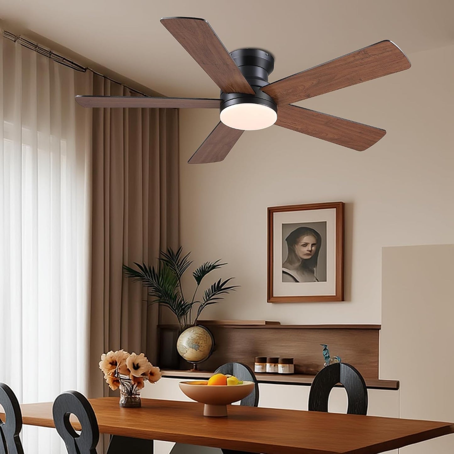 48In Ceiling Fan with Light Flush Mount - White Low Profile Ceiling Fan Light with Remote/APP, 5 Reversible Dual-Sided Blades, Modern Fan Light for Indoor Bedroom, Covered Outdoor