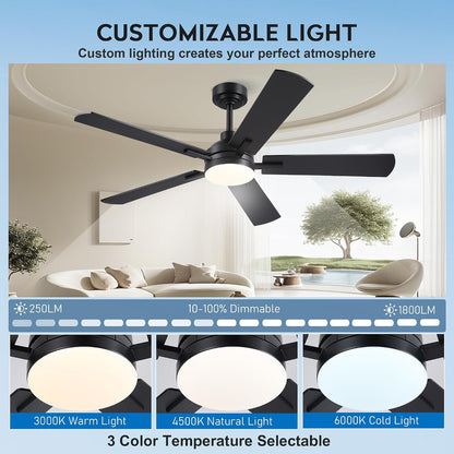 JSAITEE Ceiling Fans with Lights - 52Inch Low Profile Flush Mount Ceiling Fan with Light and Remote Control, DC Reversible Motor, Dimmable, 6 Speeds Ceiling Fan for Bedroom, Kitchen, JL-53-Black JL-53-White JL-053-Brwon JL-53-Nickel