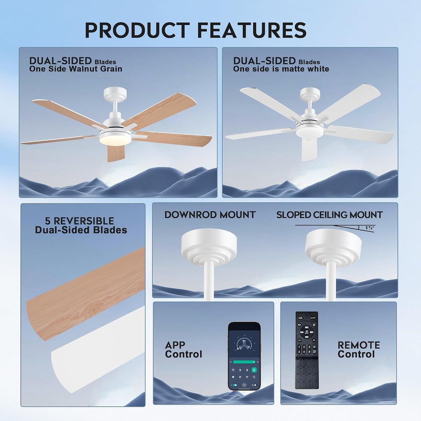 JSAITEE Ceiling Fans with Lights - 52Inch Low Profile Flush Mount Ceiling Fan with Light and Remote Control, DC Reversible Motor, Dimmable, 6 Speeds Ceiling Fan for Bedroom, Kitchen, JL-53-Black JL-53-White JL-053-Brwon JL-53-Nickel