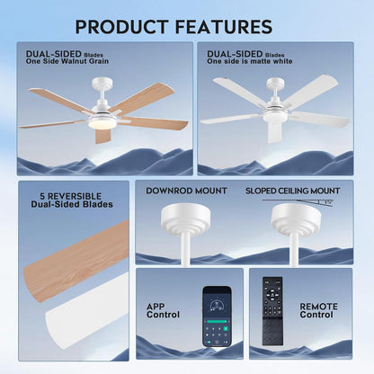 JSAITEE Ceiling Fans with Lights - 52Inch Low Profile Flush Mount Ceiling Fan with Light and Remote Control, DC Reversible Motor, Dimmable, 6 Speeds Ceiling Fan for Bedroom, Kitchen, JL-53-Black JL-53-White JL-053-Brwon JL-53-Nickel