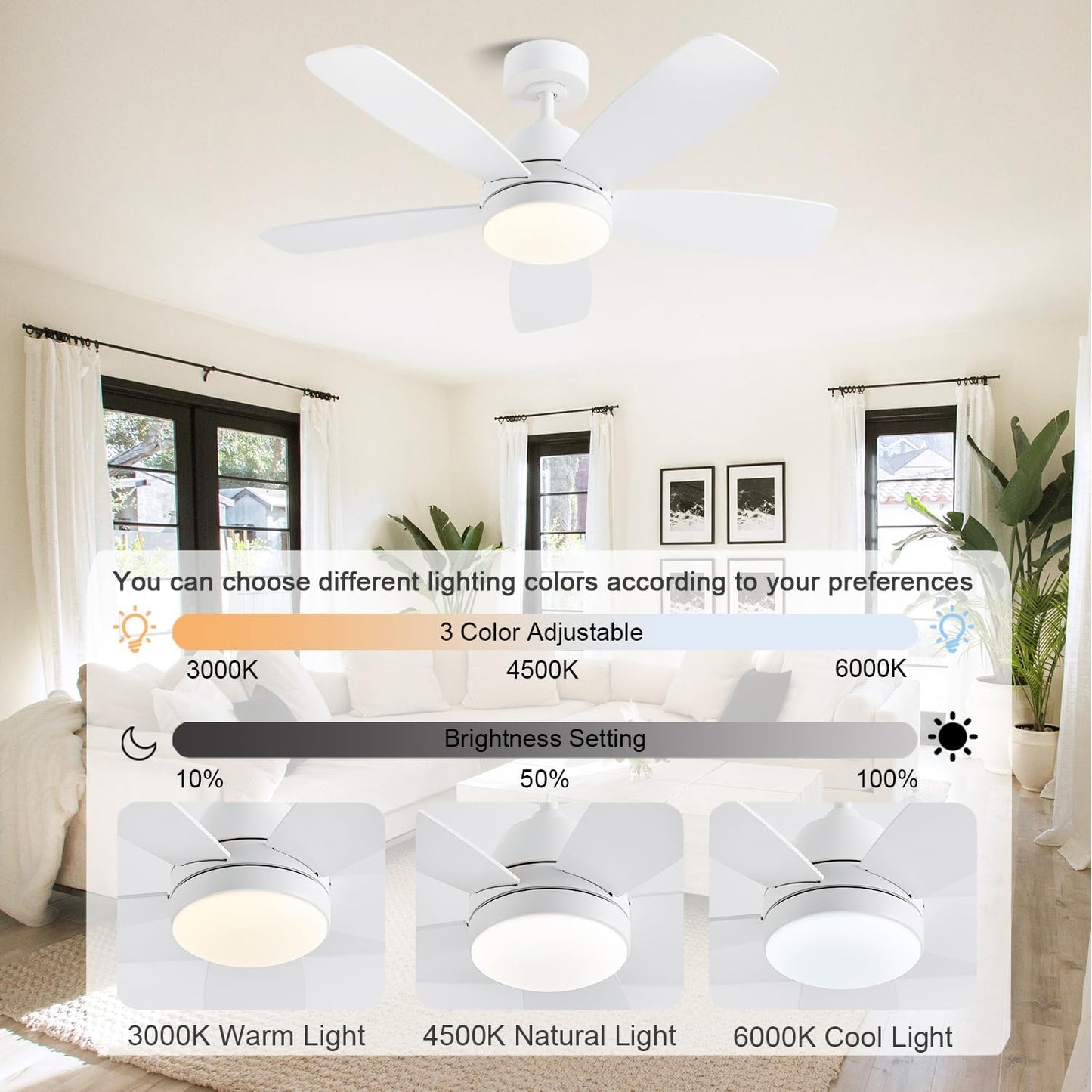 Ceiling Fans with Lights, Low Profile Indoor/Outdoor Use 42 Inch