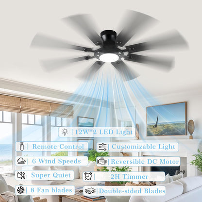 Ceiling Fans with Lights, 54 inch Low Profile Ceiling Fan with Light and Remote Control, Flush Mount Ceiling Fan for Bedroom, Living Room, Reversible, 3CCT, Dimmable, Noiseless DC Motor, Black White Brown