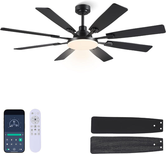 60" Ceiling Fan with Light - Modern White Low Profile Ceilings Fans Light Low Profile Fan with 8 Blades,6 Wind Speeds Reversible,Dimmable,Modern Light for Indoor Living Room,Kitchen,Coverd PatiosJL-153-Black-60In JL-153-White-60In JL-153-Brown-60In