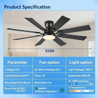 JSAITEE 52 inch Ceiling Fan with Light, 6 Speeds Reversible Low Profile Ceiling Fan with Light and Remote/APP Control, 3 Color Temp+Dimmable RGB, 8 Blades, Flush Mount Quiet Ceiling Fans, Black JL99-Black