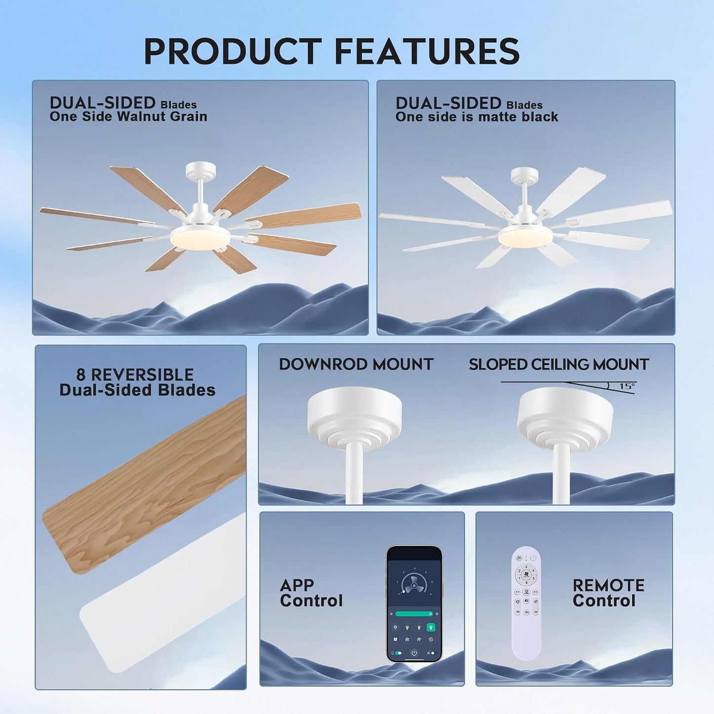 60" Ceiling Fan with Light - Modern White Low Profile Ceilings Fans Light Low Profile Fan with 8 Blades,6 Wind Speeds Reversible,Dimmable,Modern Light for Indoor Living Room,Kitchen,Coverd PatiosJL-153-Black-60In JL-153-White-60In JL-153-Brown-60In