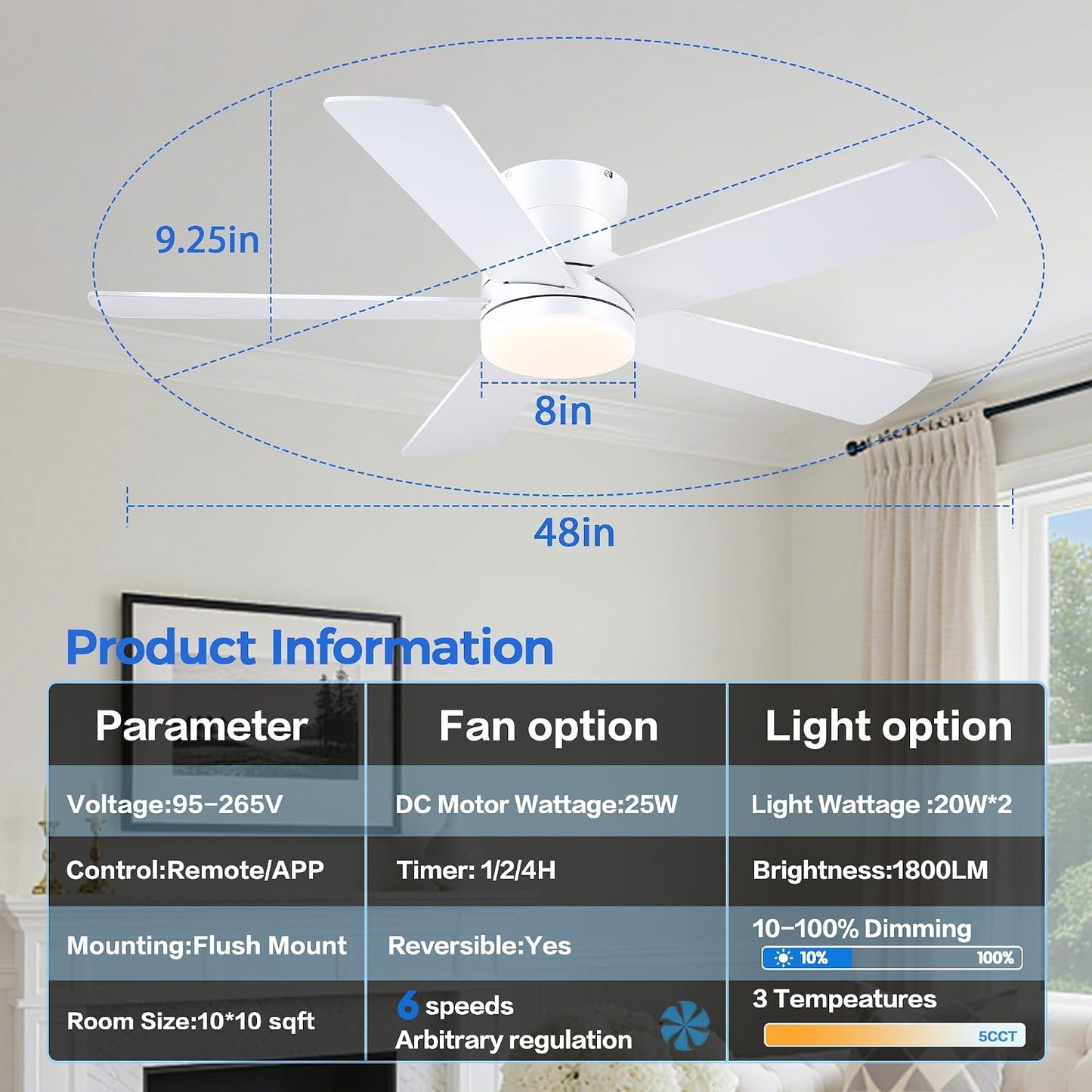 48In Ceiling Fan with Light Flush Mount - White Low Profile Ceiling Fan Light with Remote/APP, 5 Reversible Dual-Sided Blades, Modern Fan Light for Indoor Bedroom, Covered Outdoor