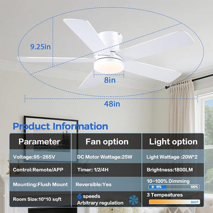 48In Ceiling Fan with Light Flush Mount - White Low Profile Ceiling Fan Light with Remote/APP, 5 Reversible Dual-Sided Blades, Modern Fan Light for Indoor Bedroom, Covered Outdoor
