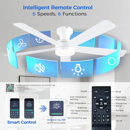 Ceiling Fans with Lights,46" Black Flush Mount Ceiling Fan Light with ABS Blades Reversible,3CCT Dimmable, Low Profile Fan Light for Indoor Modern Bedroom, Kitchen