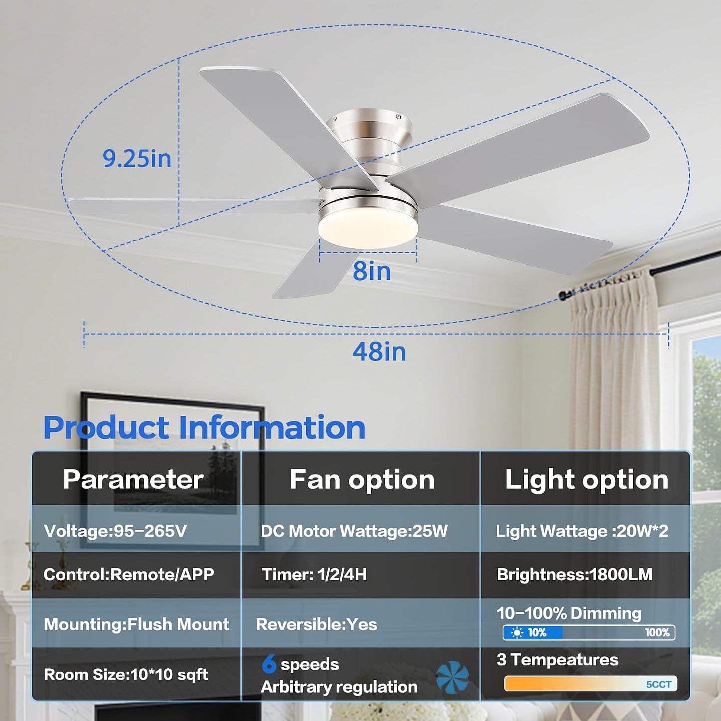 48In Ceiling Fan with Light Flush Mount - White Low Profile Ceiling Fan Light with Remote/APP, 5 Reversible Dual-Sided Blades, Modern Fan Light for Indoor Bedroom, Covered Outdoor
