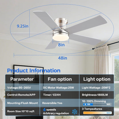 48In Ceiling Fan with Light Flush Mount - White Low Profile Ceiling Fan Light with Remote/APP, 5 Reversible Dual-Sided Blades, Modern Fan Light for Indoor Bedroom, Covered Outdoor