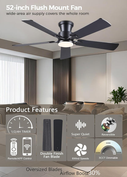 JSAITEE 52Inch Flush Mount Ceiling Fan with Lights Low Profile Brown