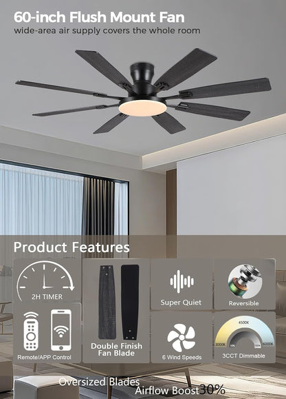 JSAITEE 60Inch Ceiling Fan with Lights Low Profile Flush Mount Brown RGB