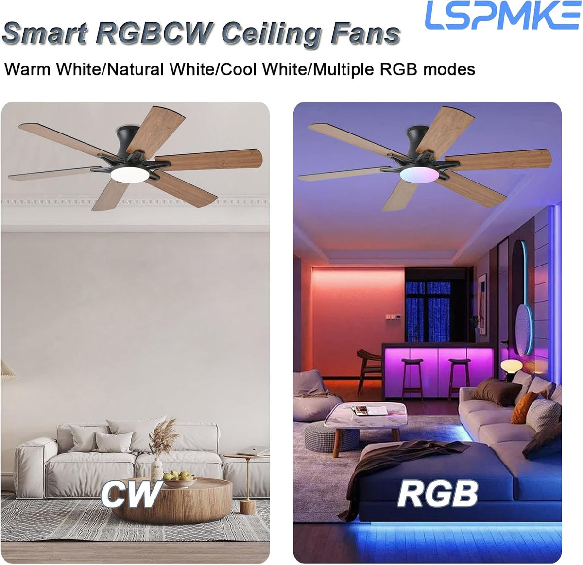 52 Inch Ceiling Fans with Lights, Low Profile Ceiling Fan with Light and Remote, Quite DC Motor,Flush Mount, 3CCT, Dimmable, Brown RGB Ceiling Fan for Bedroom, Living Room, Indoor/Outdoor Use