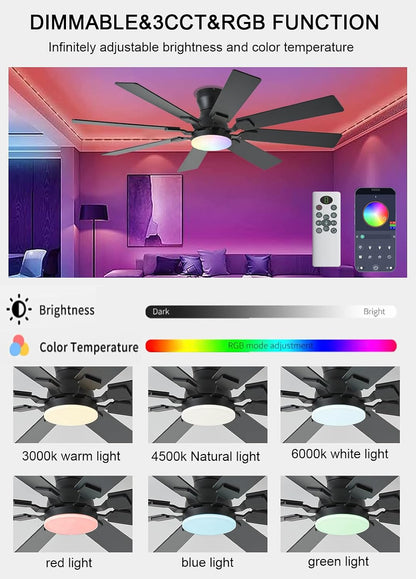 JSAITEE 52 inch Ceiling Fan with Light, 6 Speeds Reversible Low Profile Ceiling Fan with Light and Remote/APP Control, 3 Color Temp+Dimmable RGB, 8 Blades, Flush Mount Quiet Ceiling Fans, Black JL99-Black
