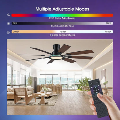 JSAITEE 60Inch Ceiling Fan with Lights Low Profile Flush Mount Brown RGB