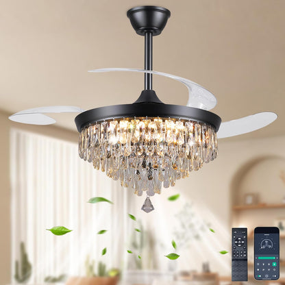 48" Chandelier Ceiling Fan with Lights, Crystal Retractable Fandelier with 3 Color LED Dimmable, Reversible DC Motor, Modern for Bedroom, Living Room5555-BLACK 5555-GOLD 5555-NICKEL