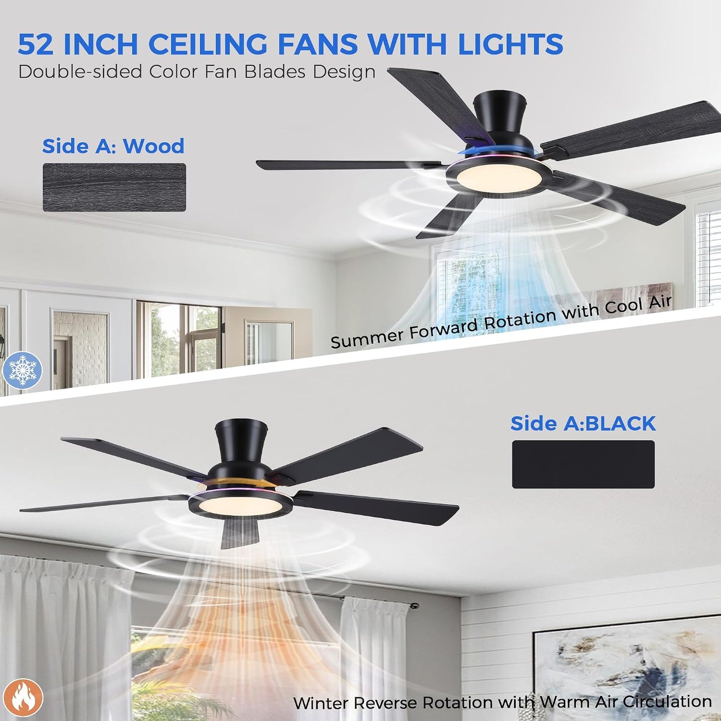 Ceiling Fans with Lights - 52in Flush Mount Ceiling Fan with RGB Dimmable, 3CCT 6 Wind Speeds and Reversible Quiet Motor, Low Profile RGB Fan Light for Modern Indoor, Party 8886-Black 8886-White 8886-Brown 8886-Nickel