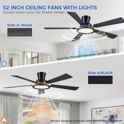 Ceiling Fans with Lights - 52in Flush Mount Ceiling Fan with RGB Dimmable, 3CCT 6 Wind Speeds and Reversible Quiet Motor, Low Profile RGB Fan Light for Modern Indoor, Party 8886-Black 8886-White 8886-Brown 8886-Nickel
