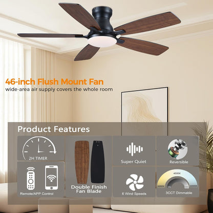 JSAITEE 46 Inch Low Profile Flush Mount Ceiling Fan with Lights, Black Brown WhiteJL-66-42-Brown JL-66-42-black JL-66-42-white