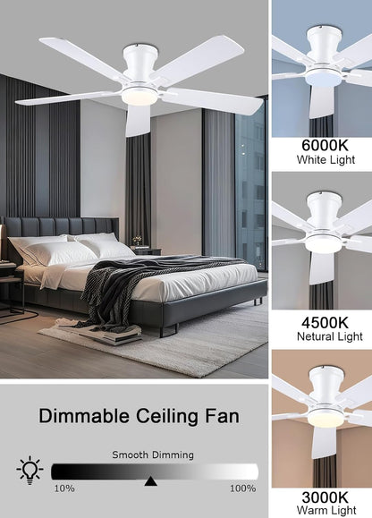 JSAITEE 52Inch Flush Mount Ceiling Fan with Lights Low Profile Brown